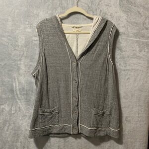 Eileen Fisher Women Grey Cotton Hooded Button Front Vest Pockets L FODBE-1